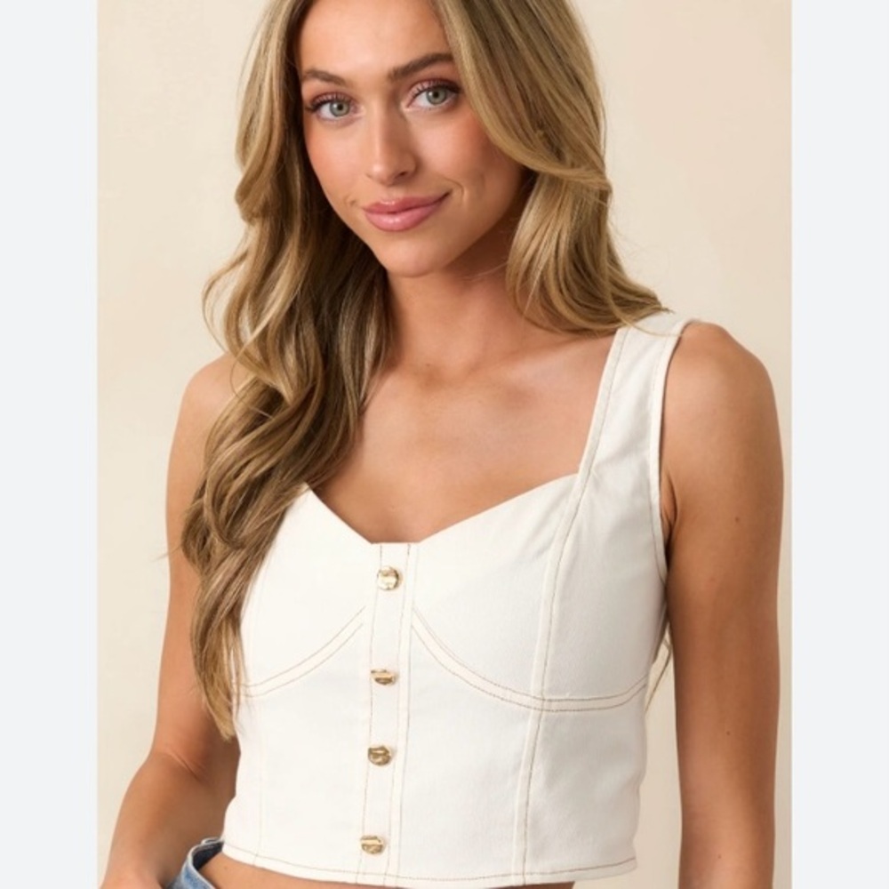 White Button-Front Sweetheart Crop Top Bustier Ladies 34” Bust Corset Style